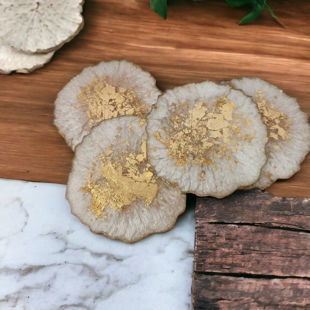 4 White & Gold Handmade Resin Coasters With Pearl Accents